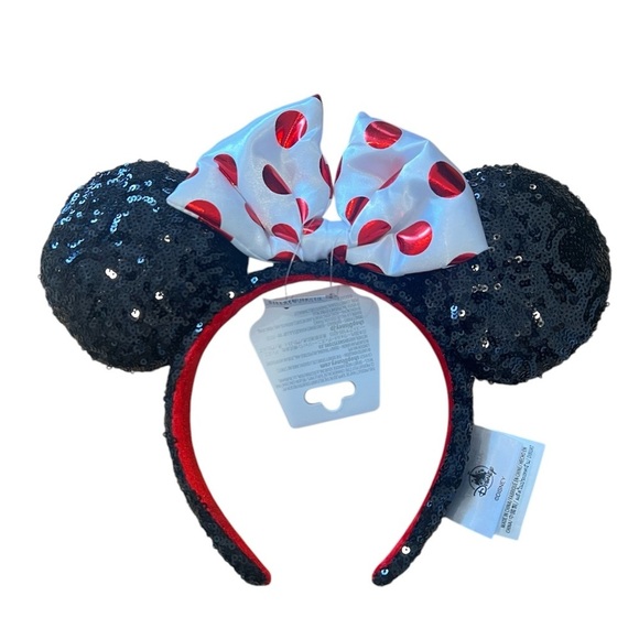 Disney Minnie Mouse Sequin Ear Headband with Sequin Polka Dot Bow Adults NWT - Picture 1 of 4